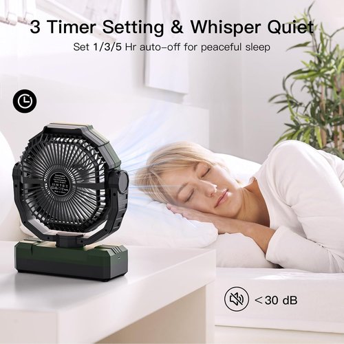 FRIZCOL 3-in-1 Camping Fan - Rechargeable Portable Fan with 24000mAh Battery & Light | Ideal for Outdoor Adventures - Green