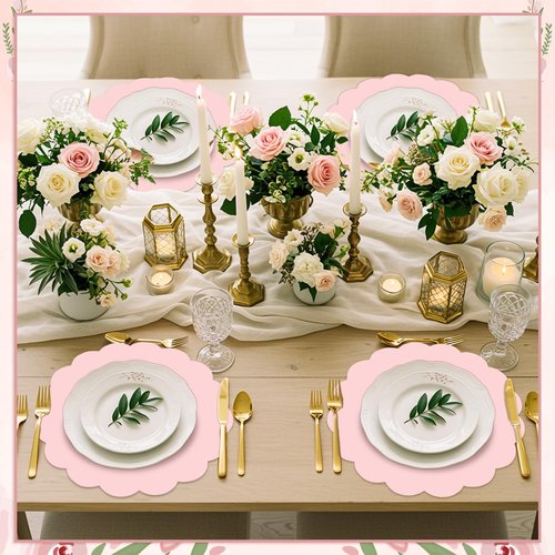 120 Pcs Light Pink Paper Placemats, 13.5 Inch Disposable Scalloped Placemat Round Table Place Mats Decorative Paper for Mother's Day Birthday Wedding Bridal Shower Baby Shower Banquet Tea Party