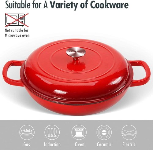 COOKWIN Cast Iron Dutch Oven - 3.8 Quart Enameled Casserole with Lid & Dual Handles | Red Porcelain Finish