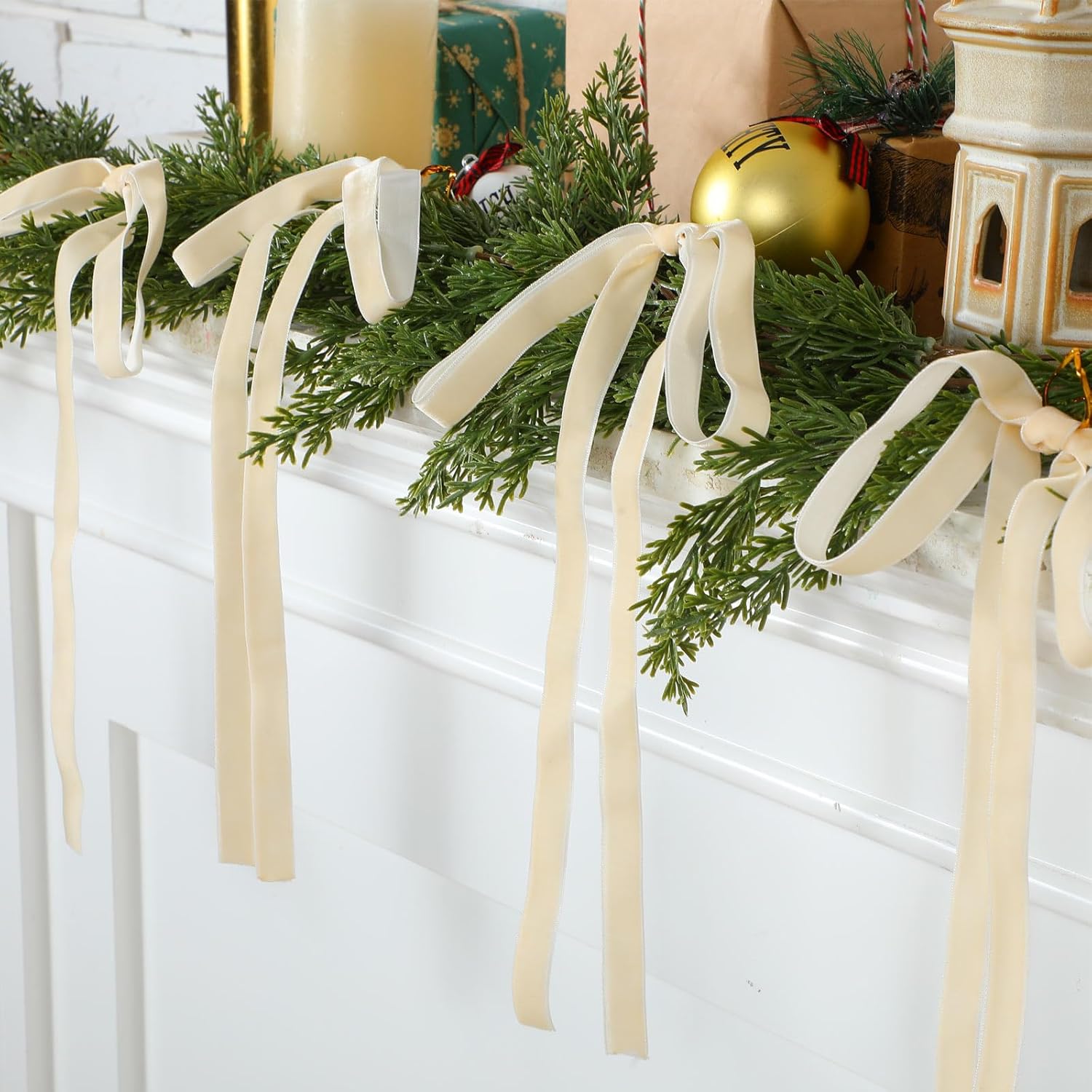 Velvet Bows | 24 Pcs Beige Christmas Tree Ornaments - Perfect for Garland & Wedding Decor (9 x 13 Inch)