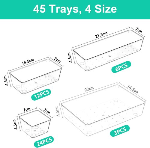 Clear Plastic Drawer Organizers by [Brand Name] - Set of 45 Stackable Storage Bins for Makeup, Kitchen Utensils & Jewelry