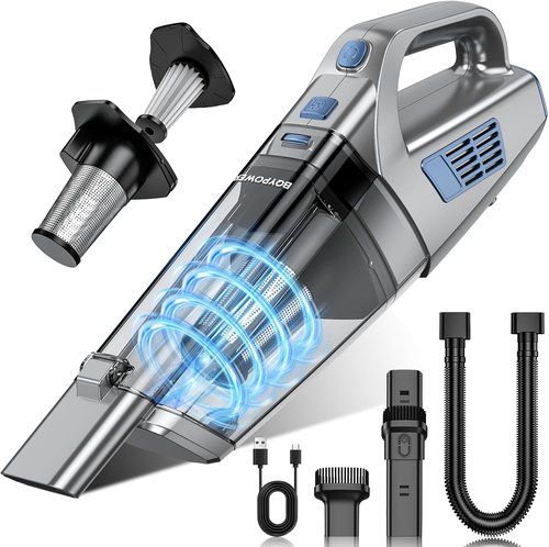 BQYPOWER Cordless Handheld Vacuum - 16000PA Strong Suction, Rechargeable with Accessories | Portable for Car & Home