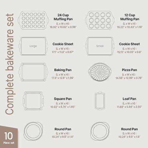 Bakken 10-Piece Baking Set | Deluxe Non-Stick Bakeware with Red Silicone Handles - Carbon Steel