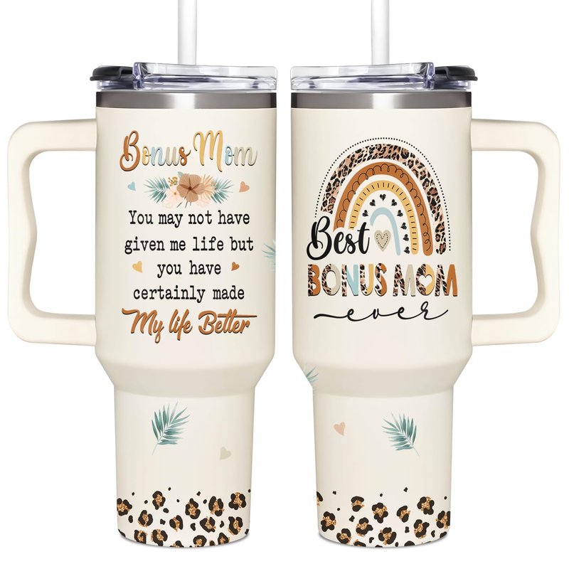 AT2Z GLOBAL Bonus Mom Gifts - Stepmom Gift - Gifts For Step Mother - Bonus Mom Mothers Day, Christmas, Birthday Gift Ideas - Bonus Mother Cup Tumbler 40 Oz with Handle