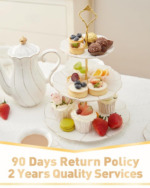 DUJUST Luxury Porcelain 3-Tier Cupcake Stand Tower, British Style Serving Tray with Golden Trim, Food Grade Dessert Display Stand, Beautiful Gift for Tea Party & Home Décor