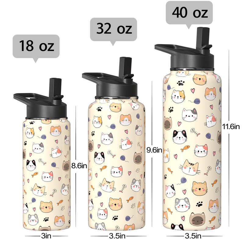 Sabobo 40oz Cats Water Bottles with Flip Straw & Spout Lid, Double Wall Stainless Steel Travel Sport Bottle, Cream Gym Gifts for Women Men (1PC)