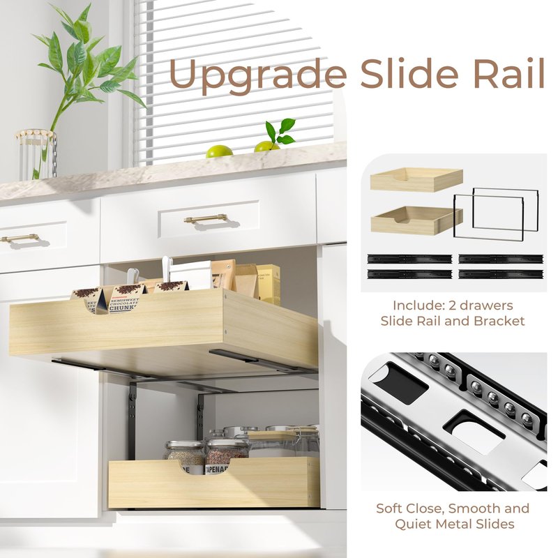 COOLBEBE Pull Out Drawer Organizer for Cabinets, 2 Tier Soft Close Cabinet Drawers Slide Out, 2 Layer Wood Double Tier Pull Out Shelves for Kitchen, Pantry, Bathroom