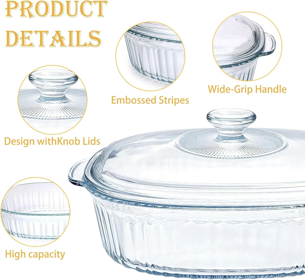 Regine Switzerland Glass Casserole Baking Dishes - 2 Pack with Lids | 1.9 Qt & 3 Qt Ribbed Oval Bakeware Set for Lasagna and Casseroles