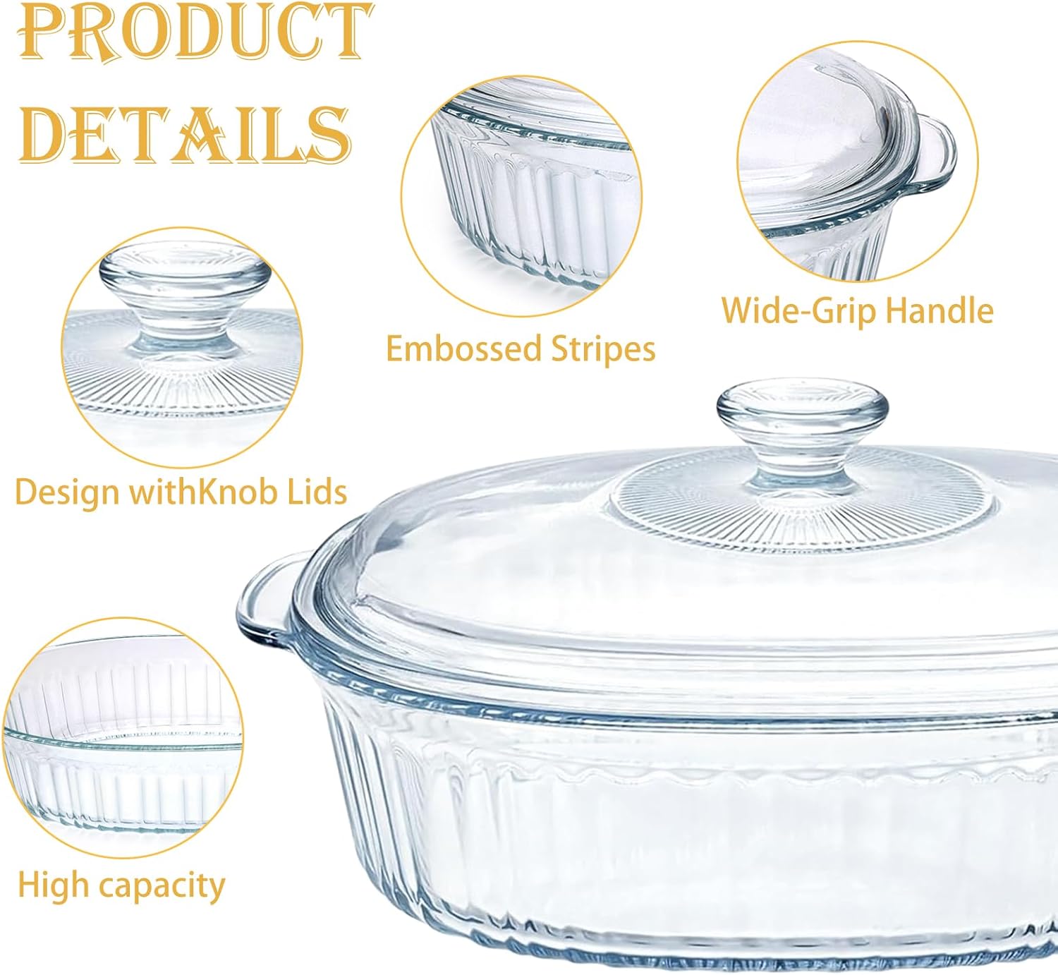 Regine Switzerland Glass Casserole Baking Dishes - 2 Pack with Lids | 1.9 Qt & 3 Qt Ribbed Oval Bakeware Set for Lasagna and Casseroles