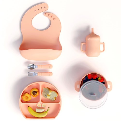 mimi & kiki BPA-Free Silicone Baby Feeding Set, Baby Plates and Bowls Set, Baby Led Weaning Supplies, Silicone Suction Plate, Baby Utensils, Bib and Cup, Self Feeding, Dishwasher Safe (Light Pink)