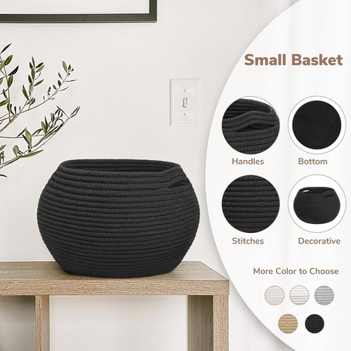 Goodpick Small Rope Storage Basket - Black Round Baskets for Socks, Dog Toys & Towels | 10 x 8.3 Inches