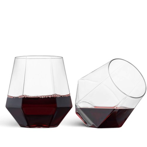 Munfix Plastic Stemless Wine Glasses 32 Pack - Diamond Shaped Unbreakable Disposable 12 Oz Clear Plastic Wine Champagne Whiskey Cups, Shatterproof Recyclable and BPA-Free