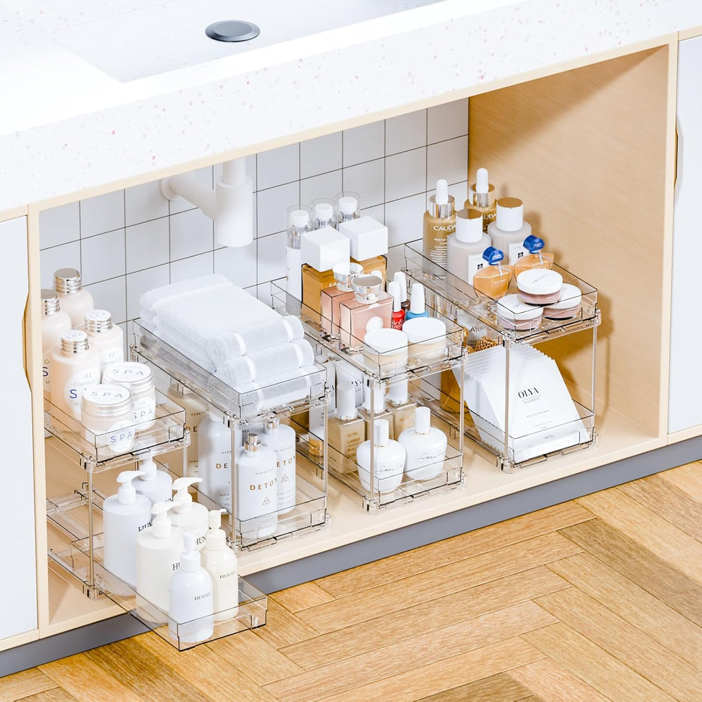 Yieach 4-Piece Bathroom Organizer Set - 2-Tier Clear Under Sink Storage & Pull-Out Drawers for Kitchen & Pantry