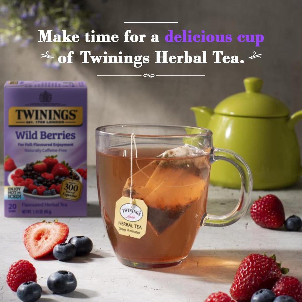 Twinings Wild Berries Tea - Caffeine-Free Herbal Infusion with Fresh Berry Flavors | 20 Individually Wrapped Bags (Pack of 2)