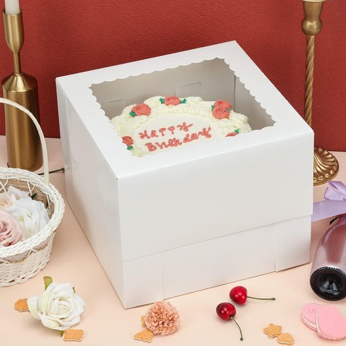 Moretoes Cake Boxes - 20 Pcs Tall White Bakery Boxes with Window | 10x10x8 Inches for Pastries & Desserts