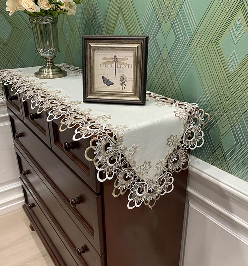 AMZALI Macrame Table Runners for Party, 70inch Runner Lace Floral Embroidered Rectangle Dresser Scarf Wedding Tabletop Table Decorations for Home and Dining Room Beige & White
