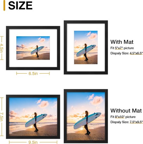 decorUhome 8x10 Picture Frame - Versatile Display for 5x7 with Mat or 8x10 Without Mat, Black