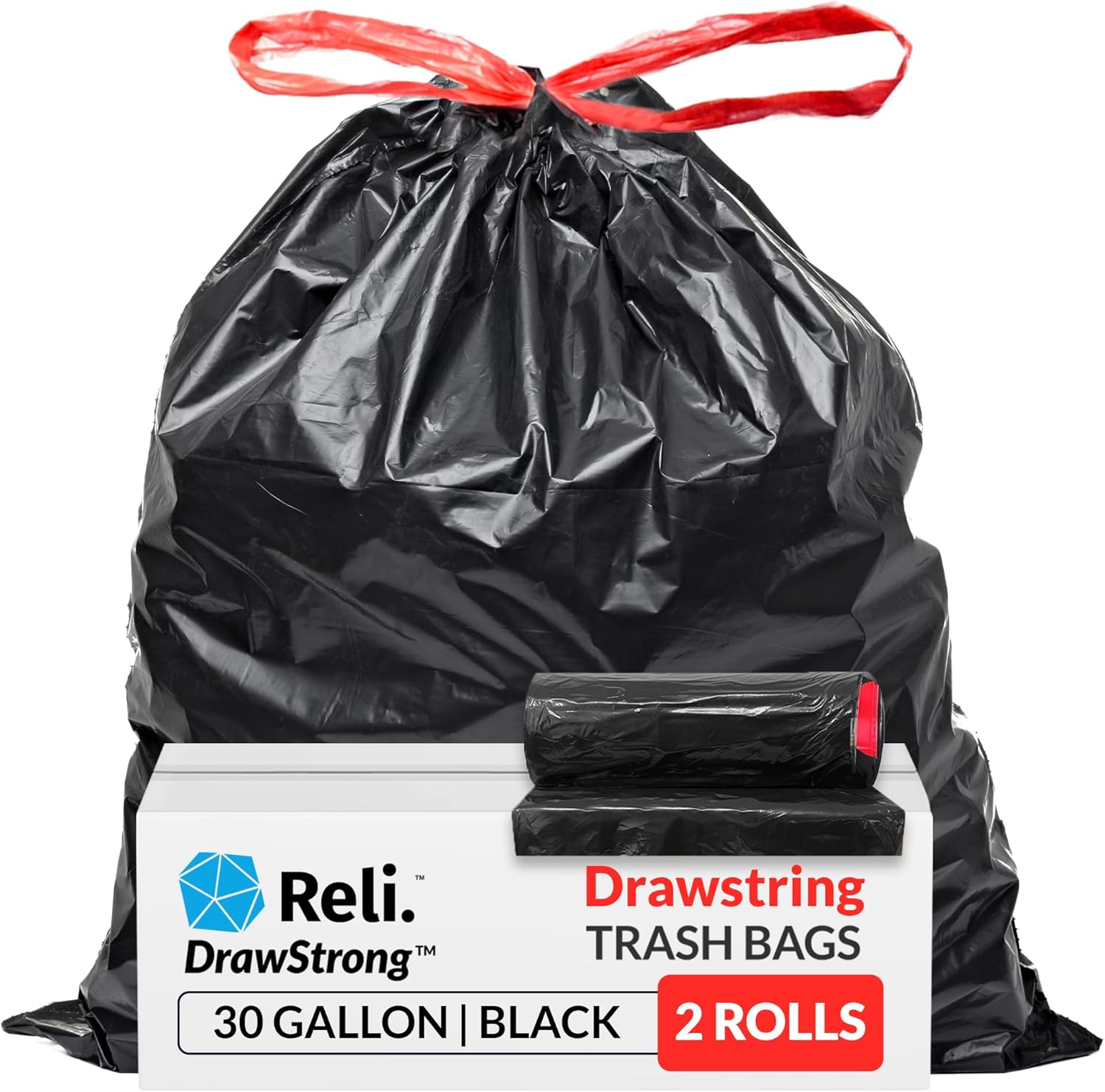 Reli. Heavy-Duty 30 Gallon Trash Bags with Drawstring - 150 Count | Black Color | Large Size