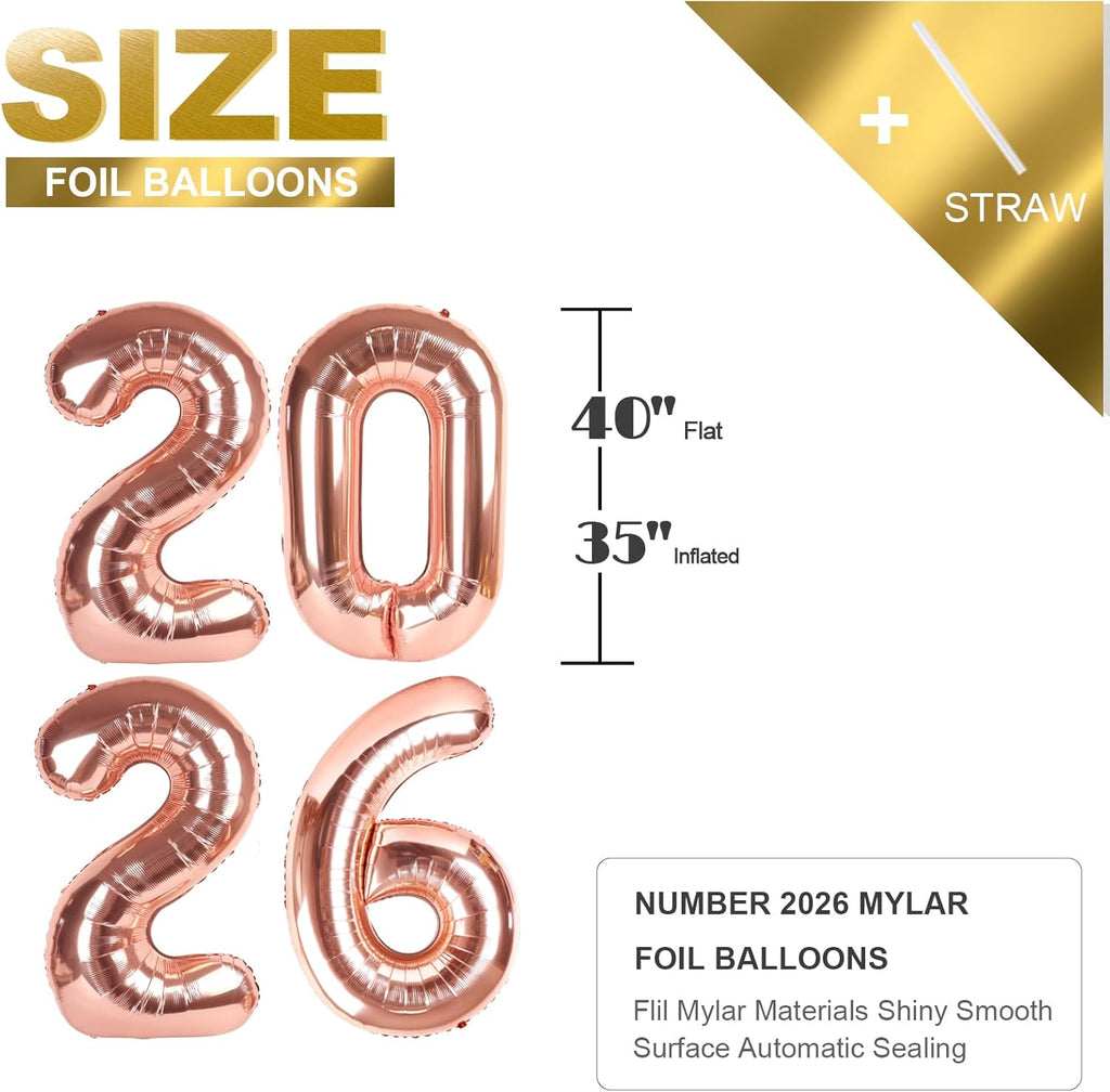 2026 Numbers Rose Gold Balloon - 40 Inch New Year’s Eve Party Decoration | Graduation & Birthday Celebration