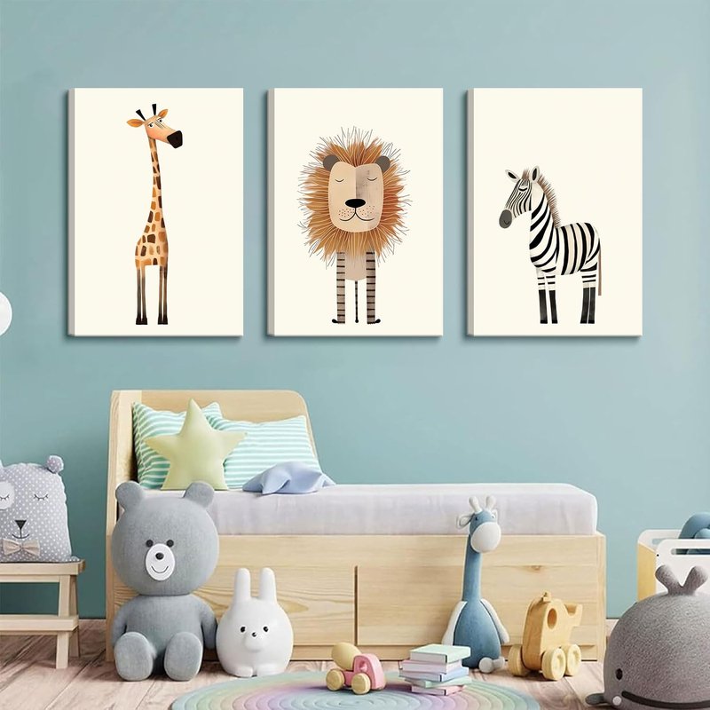 Safari Nursery Wall Art Baby Animal Canvas Wall Decor Cute Giraffe Lion Zebra Jungle Pictures Prints Posters for Baby Boy Girl Children's Room Bedroom Home Decorations 16x24inx3 Framed