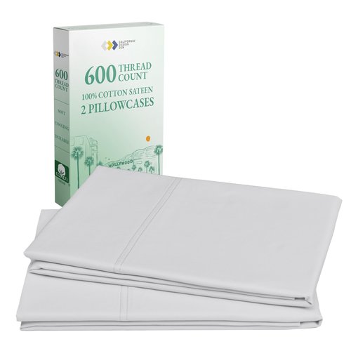 California Design Den Premium Pillow Covers Queen Size Set of 2-600 Thread Count Sateen, Natural 100% Cotton Standard/Queen Pillowcases, Crisp, Durable Bedding - Light Silver