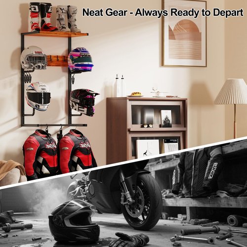 Motorcycle Helmet Rack Wall Mount,33.5"x20"x12" Universality Sport Gear Organizer with 6 Glove Clips & 6 Key Hooks,70LBS Capacity Storage Shelf for Helmets,Racing Suits,Jackets,Boots