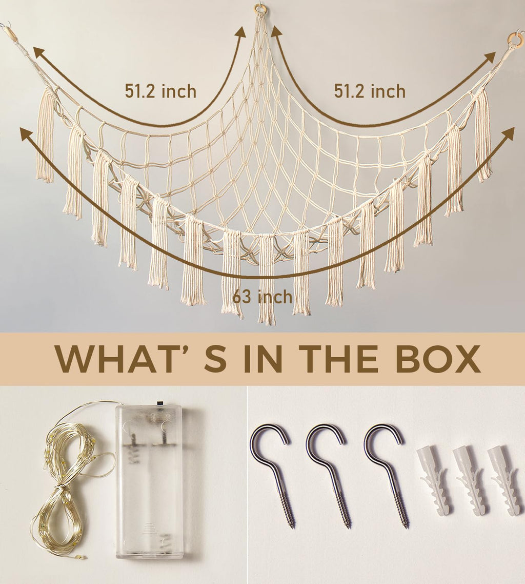 Stuffed Animal Storage Hammock Corner X-Large with LED Light - Baby Hammock Hanging Holder Plushies Net for Stuff Animals Organizer - Cute Room Decor Aesthetic Kids Toddler Nursery Bedroom Boho