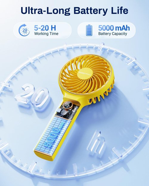**Sweetfull Handheld Portable Fan - 5000mAh Rechargeable Battery, 6 Speed Settings, LED Display | Mini Travel Fan**
