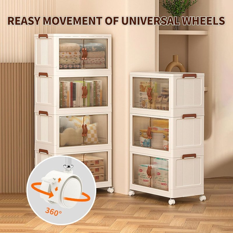 Roqao 3-Tier Stackable Storage Bins with Lids & Open Front Design, Foldable Storage Bins with Wheels for Home Organization, Collapsible Space Saving Multi-Layer Storage Organizer, 35QT