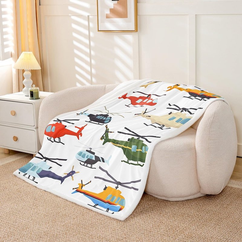 Airplane Sherpa Blanket Throw 50"x60" Aircraft Helicopter Blanket Throw For Kids Boys Teens Young Man Cartoon Airplanes Fleece Blanket Aviation Theme Fuzzy Blanket Bedroom Sofa Decor White