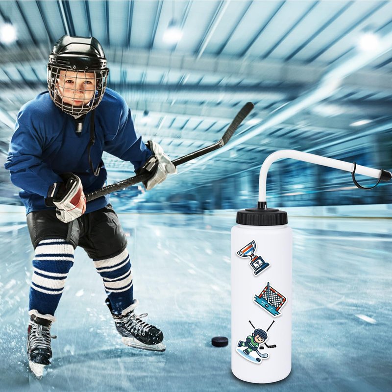 RhythmFit Hockey Gifts,2 Pack Hockey Water Bottle with Long Straw and 100PCS Stickers Accessories Stuff for Boys Men Player Lovers (1L,Squeeze,BPA-Free)