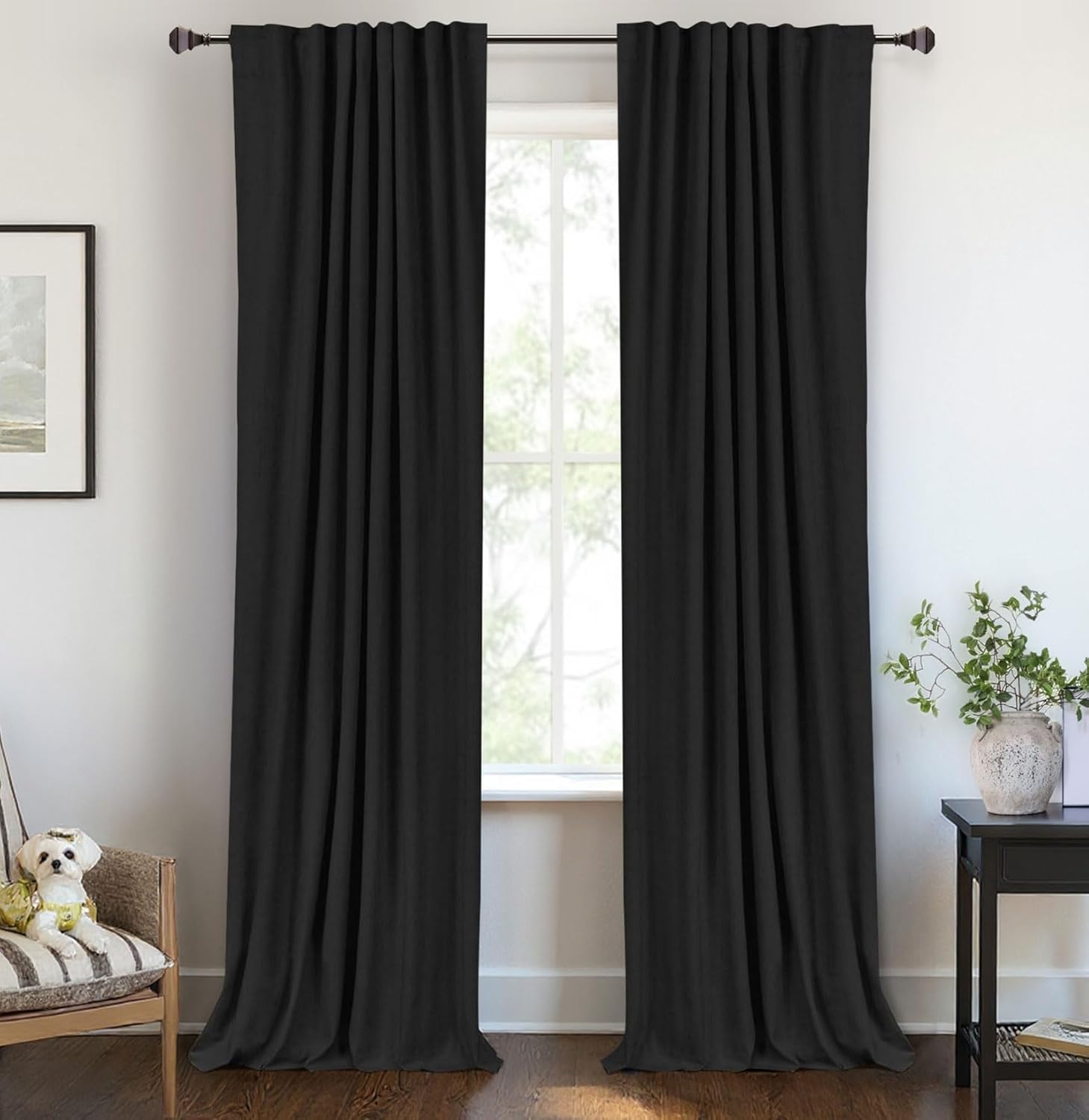 Skiennix Blackout Curtains - 100% Blackout Linen Drapes, Thermal Insulated, 2 Panels Set, 50" W x 84" L, Black