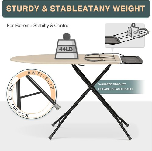 KINGBOARD Full-Size Ironing Board - Foldable Design with Adjustable Height & Heat-Resistant Cover | 15x48, Beige