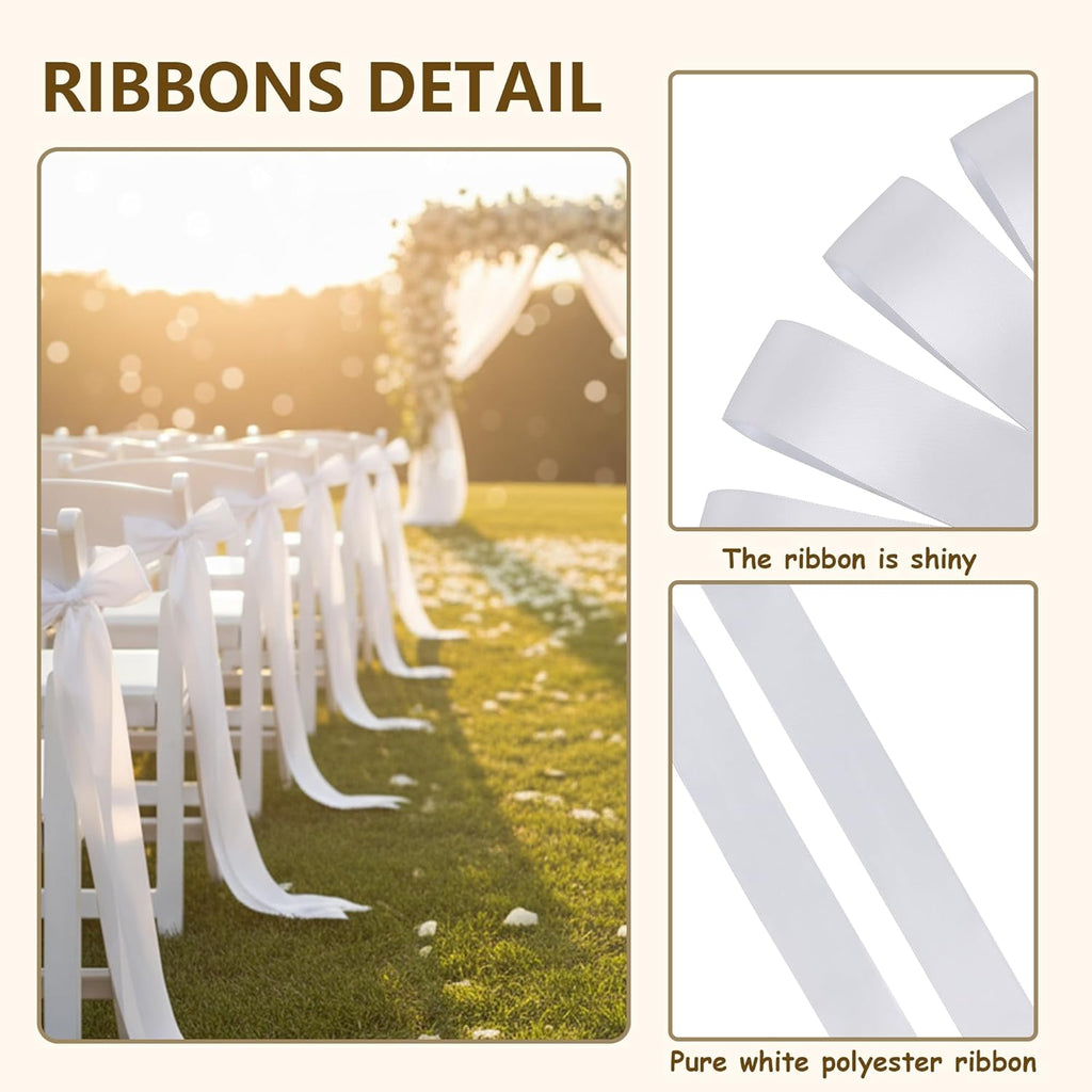 Skiennix 30 Pcs Satin Chair Ribbons - 90.55x1.96 Inch White Sashes for Wedding Aisle Decor