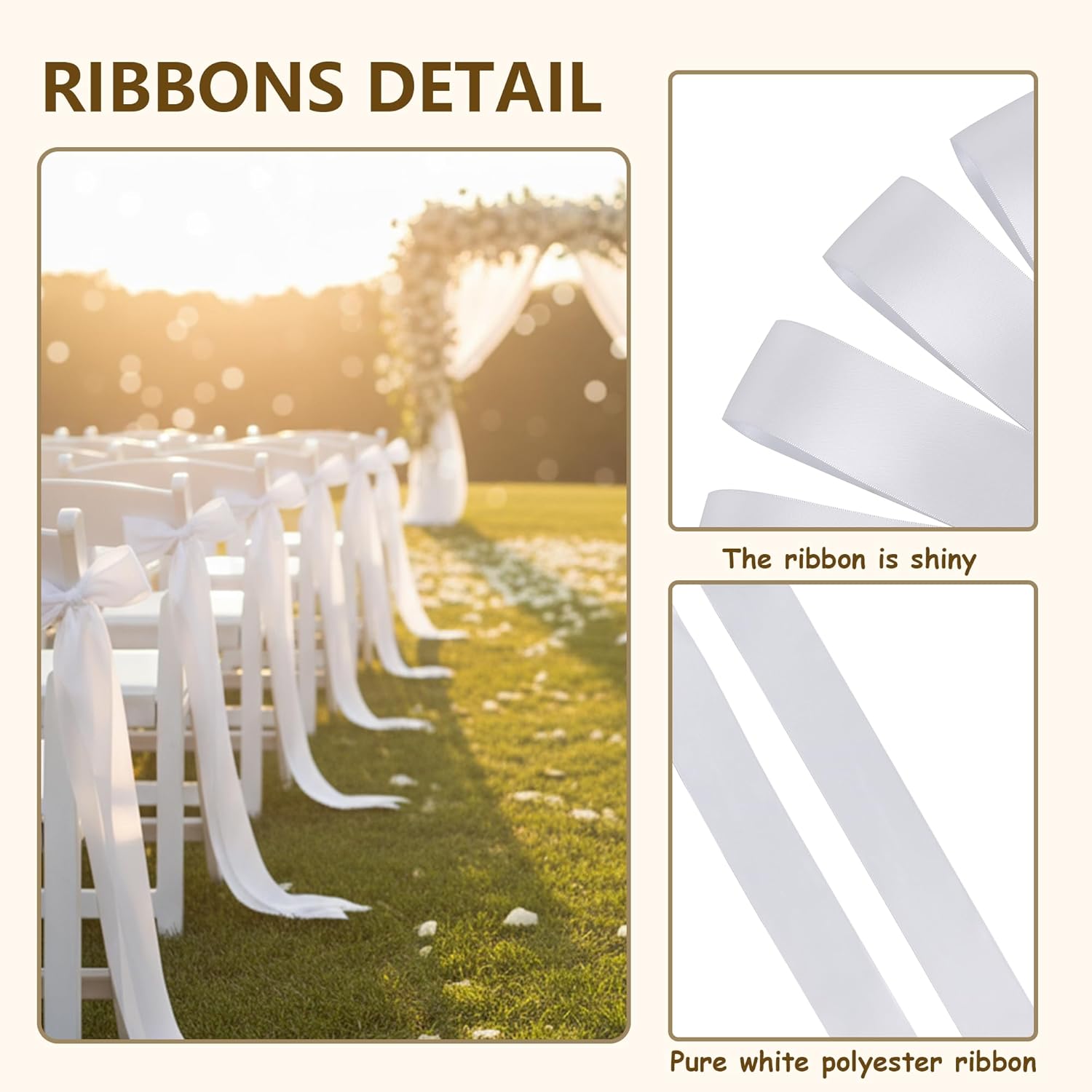 Skiennix 30 Pcs Satin Chair Ribbons - 90.55x1.96 Inch White Sashes for Wedding Aisle Decor