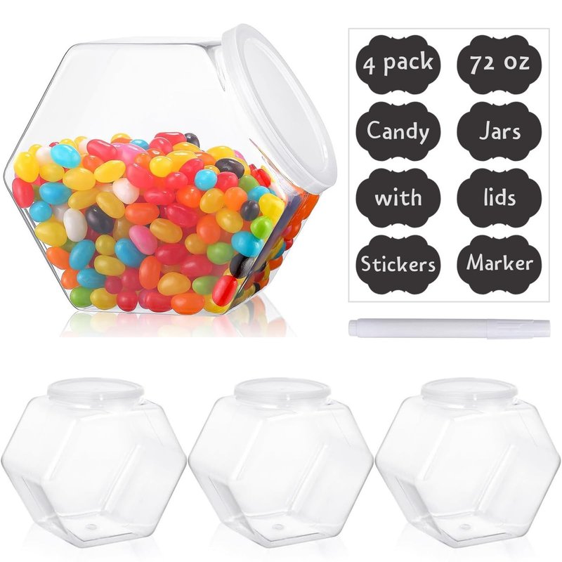 Atarvana Plastic Candy Jars 72oz Set of 4, Hexagon Candy Containers with Airtight Lids for Candy Buffet, Kitchen Storage Containers Set