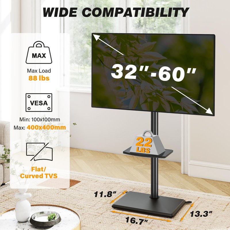 5Rcom Floor TV Stand with Mount for 32-60 inch TVs, Swivel and Height Adjustable Floor Standing TV Stands with Wood Base, Tall TV Stand with Shelf up to 88 lbs for Living Room, Bedroom and Corner