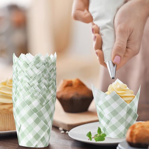 Maxdot 200 Pcs Sage Green Gingham Plaid Tulip Cupcake Liners for Baking Paper Muffin Baking Cups Checkered Tulip Muffin liners Wrappers for Bridal Baby Shower Wedding Birthday Party Decor