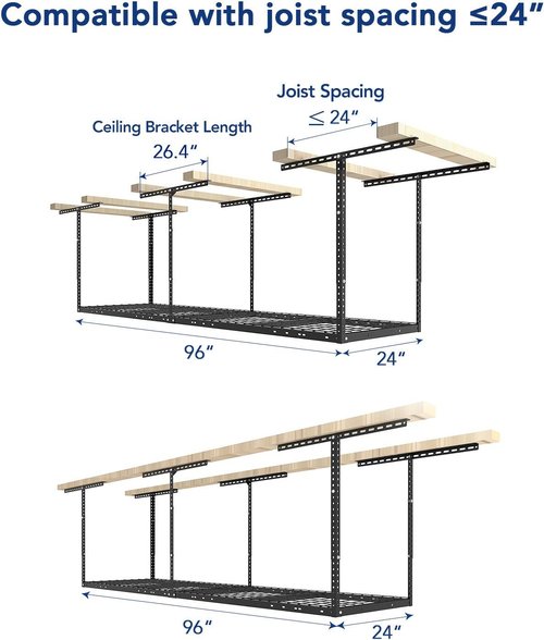 FLEXIMOUNTS 2x8 Garage Storage Rack - Heavy-Duty Adjustable Overhead System | 400lbs Capacity, Black