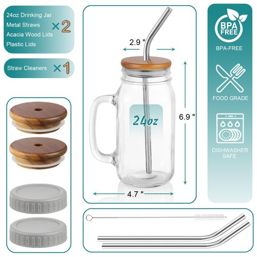 DRASTAR Glass Cups for Iced Coffee, 24oz Mason Jar with Lid and Straw, Mason Jar Coffee Cup, Mason Jars with Handle Drinking Glasses Set of 2