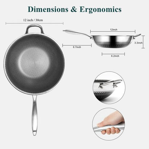 Boryenty 12 Inch Stainless Steel Honeycomb Wok with Standing Lid, Flat Bottom Stir Fry Pan, PFOA-Free Physical Nonstick, Induction Compatible & Dishwasher Safe Wok