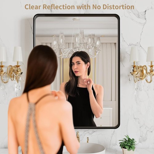 LOAAO Black Metal Framed Bathroom Mirror - 20x16 Inch Large Rounded Rectangle, Anti-Rust, Versatile Hanging Options