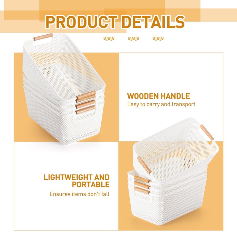 Tioncy 4 Pcs White Mesh Baskets with Wooden Handles Plastic Storage Organizer Baskets Pantry Basket Fruit Vegetables Gathering Basket Bin for Organizing Cabinet Closet Bedroom Kitchen(Large)