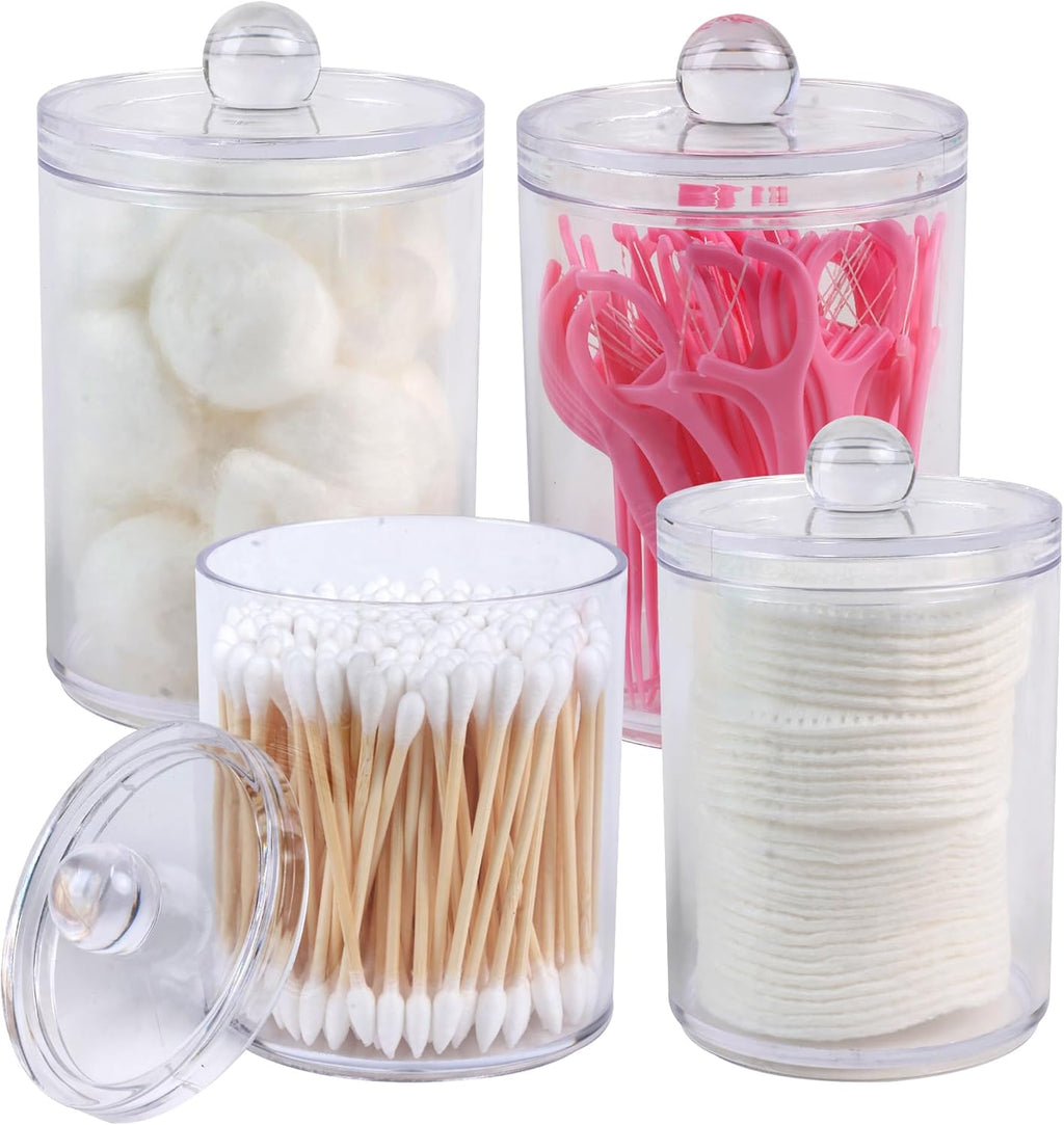 Skiennix Acrylic Qtip Holder Dispenser Set - 4 Pack Canisters for Makeup & Bathroom Organization | 10 & 12 oz