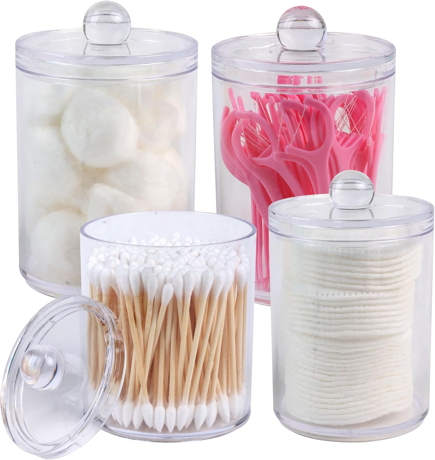 Skiennix Acrylic Qtip Holder Dispenser Set - 4 Pack Canisters for Makeup & Bathroom Organization | 10 & 12 oz
