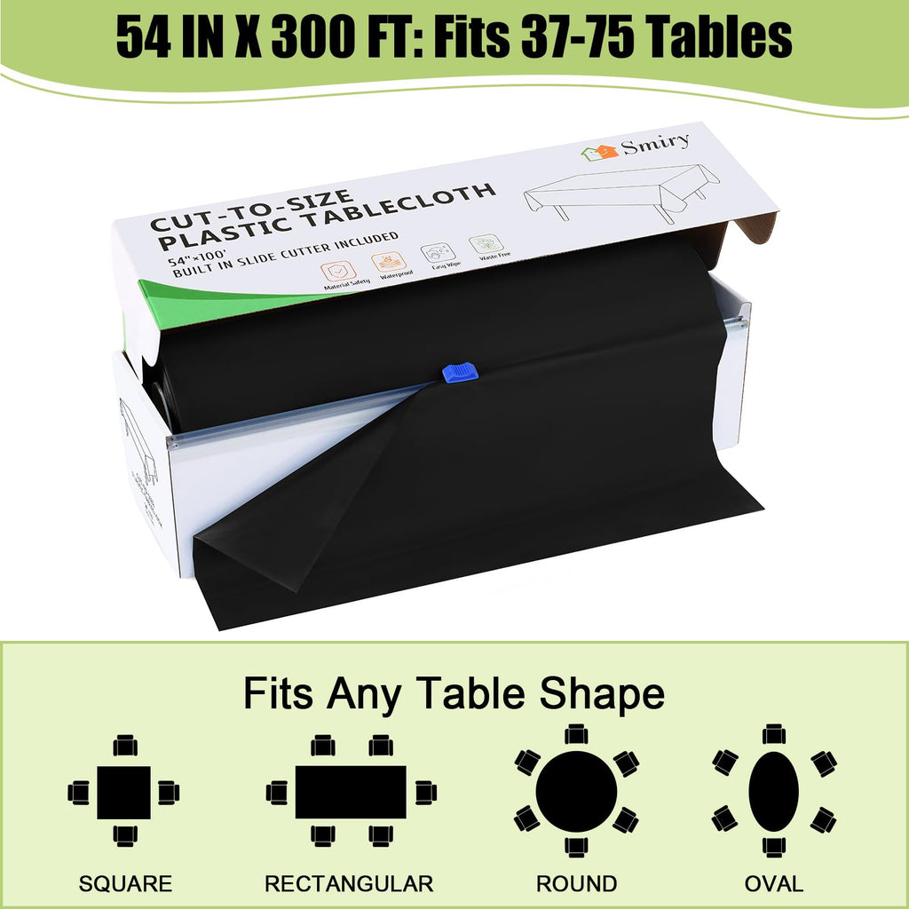 Smiry 54 Inch x 300 Feet Disposable Table Cover Roll, Black Plastic Table Cloth in Cut-to-Size Box with Slide Cutter, Waterproof Rectangle Tablecloths for Weddings, Banquets, Outdoor