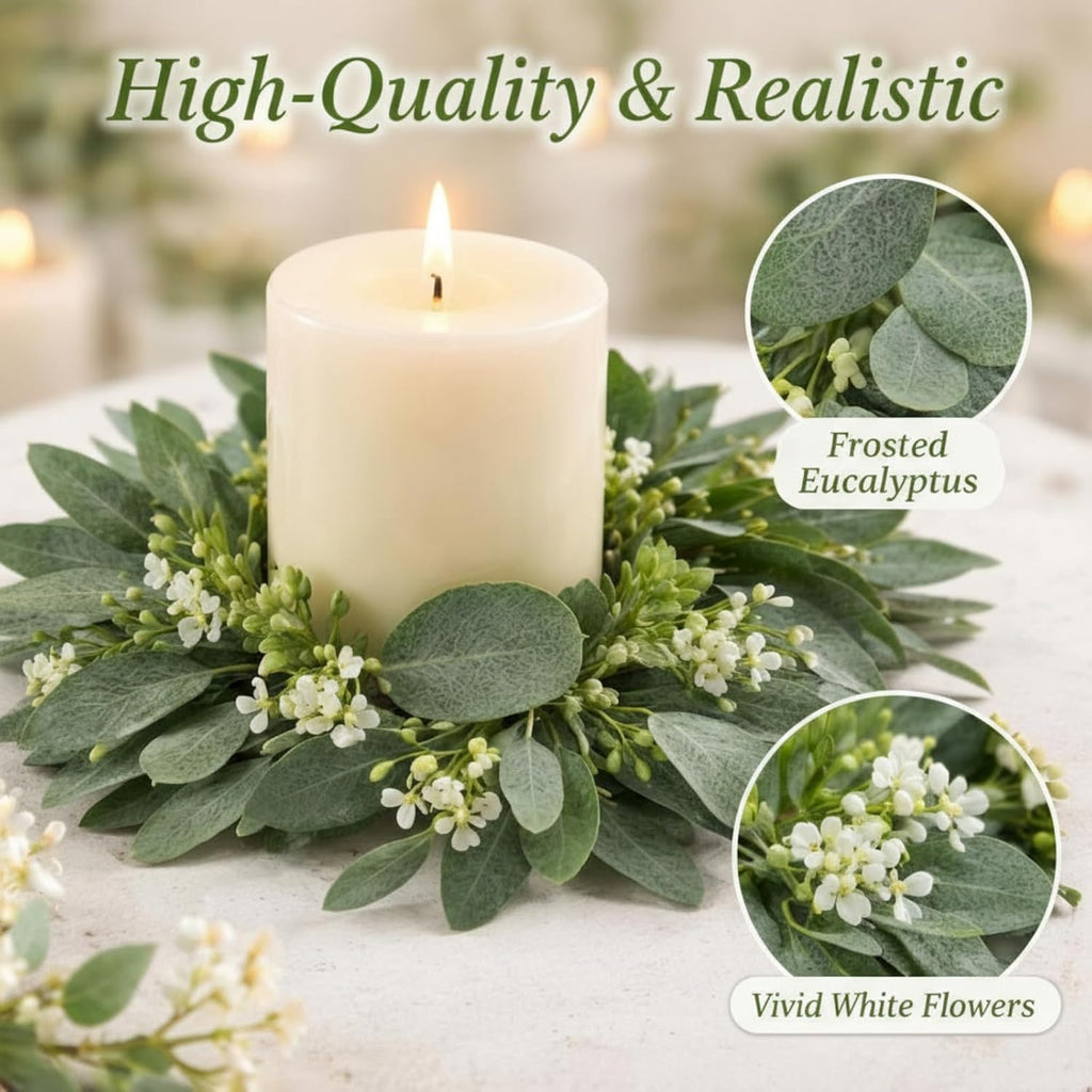 Thinkday Eucalyptus Candle Ring Set - 4 Inch Mini Artificial Wreaths for Home Decor | Green Floral Centerpieces