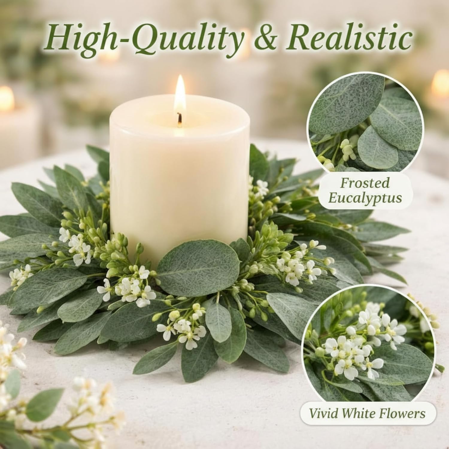 Thinkday Eucalyptus Candle Ring Set - 4 Inch Mini Artificial Wreaths for Home Decor | Green Floral Centerpieces