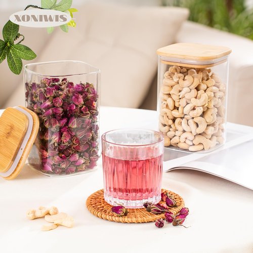 Xoniwis 51oz 3PCS Glass Storage Container with Wood Lid for Kitchen Organization, Food Storage Pantry Jar with Airtight Lids for Cereal, Oat, Pasta, Flour, Rice, Sugar, Tea, Coffee, Cookie, Candy