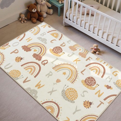 LIVEBOX Boho Rainbow Kids Rug, Cute Washable Playroom Rugs Non Slip, ABC Alphabet Learning Carpet for Nursery, Bedroom, Preshcool (Orange,3x5)